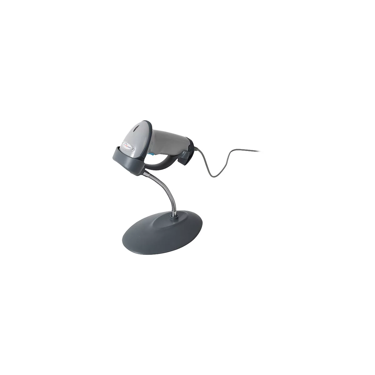 Grauer Barcodescanner auf einem flexiblen Standfuß mit Kabel, freigestellt vor weißem Hintergrund.