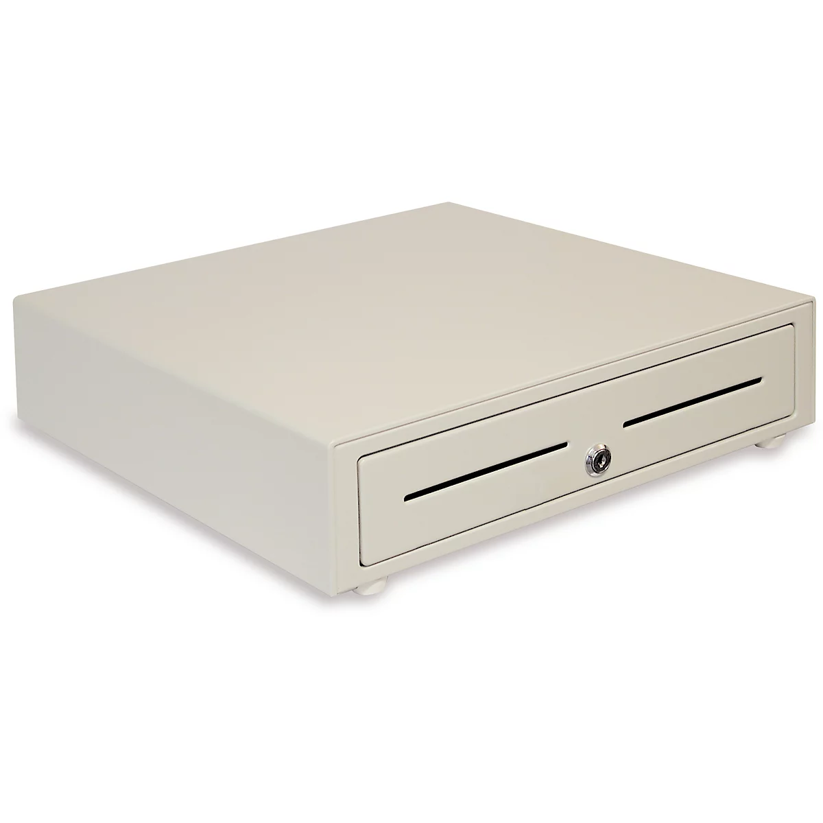 Beige Kasse mit zwei Schlitzen, Schloss und Füßen.
