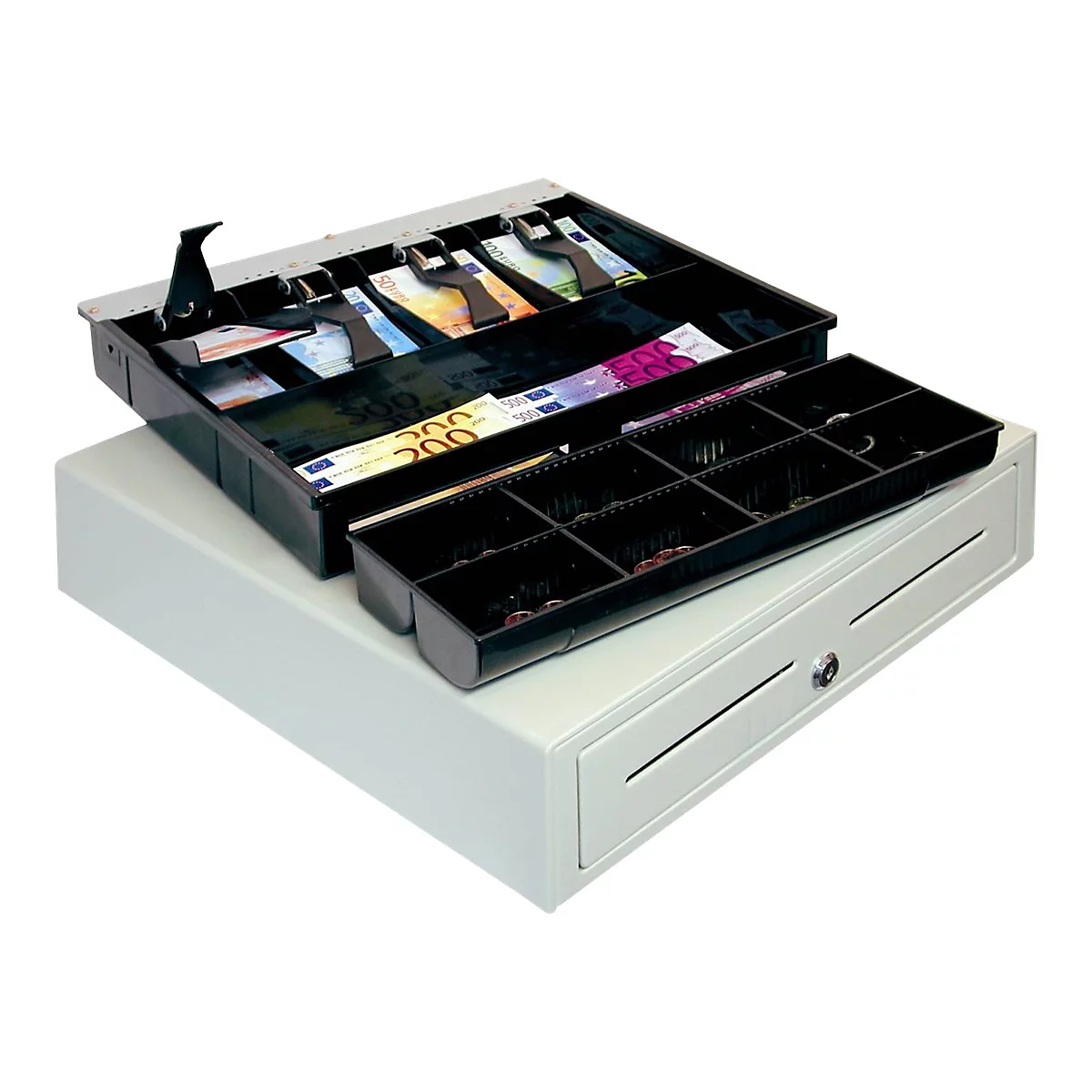 Geöffnete Kasse mit Bargeld und Münzen. Oben Geldscheine, unten Münzfächer. Schublade und Schloss.