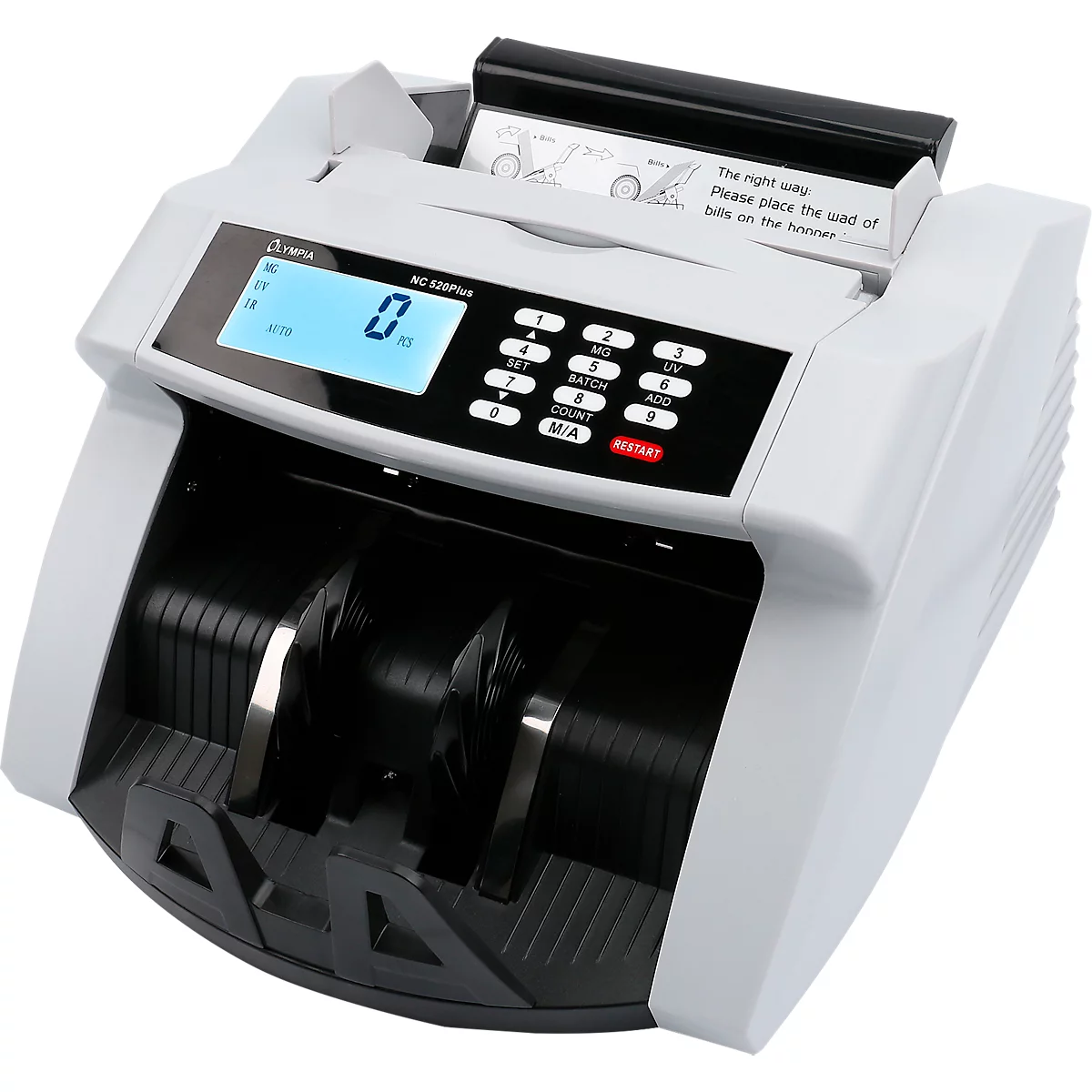 Olympia NC-520 Plus biljettenvalidator, UV/MG, telt tot 1000 biljetten/min, optelfunctie, LC-display, zwart-wit
