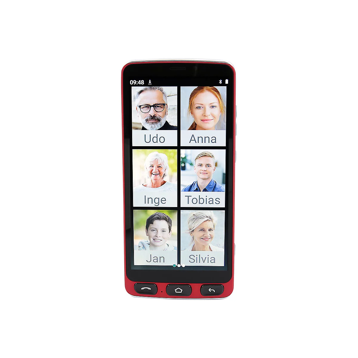 Ein rotes Smartphone zeigt ein Video-Gespräch mit sechs Personen: Udo, Anna, Inge, Tobias, Jan und Silvia.