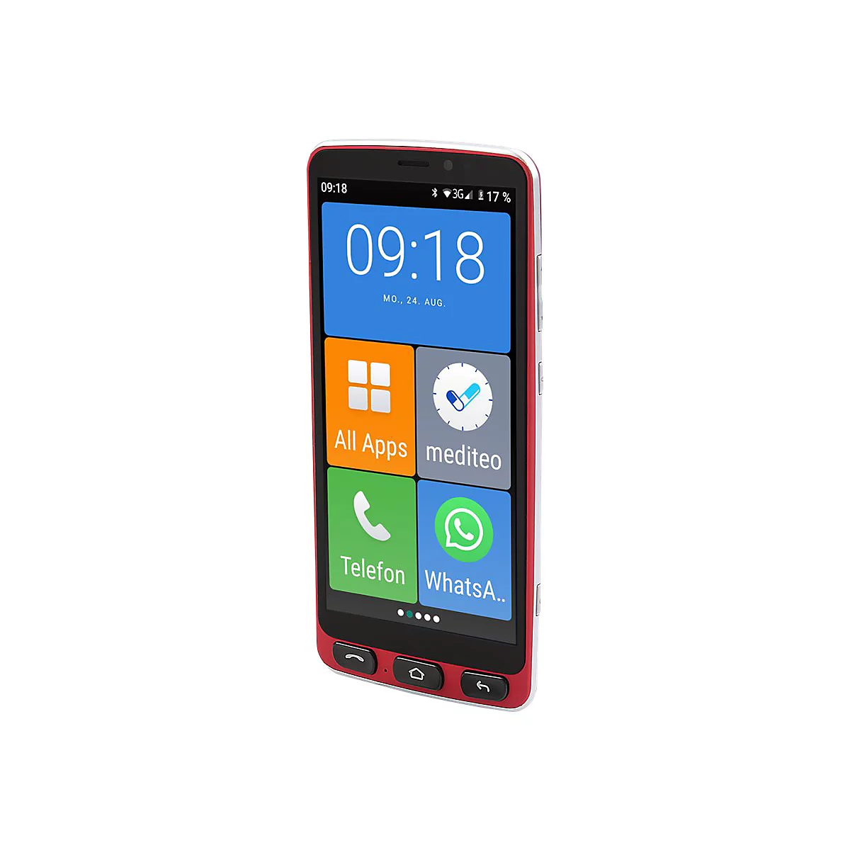 Rotes Smartphone mit großem Display. Uhrzeit 09:18, Icons für Apps, Telefon und WhatsApp. Batterieanzeige 17%.