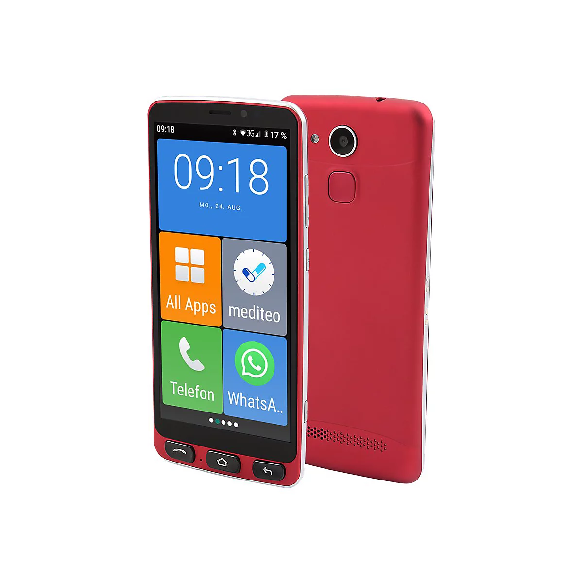 Rotes Smartphone mit großem Display, Uhrzeit 09:18, App-Icons. Das Telefon steht neben seiner Rückseite.