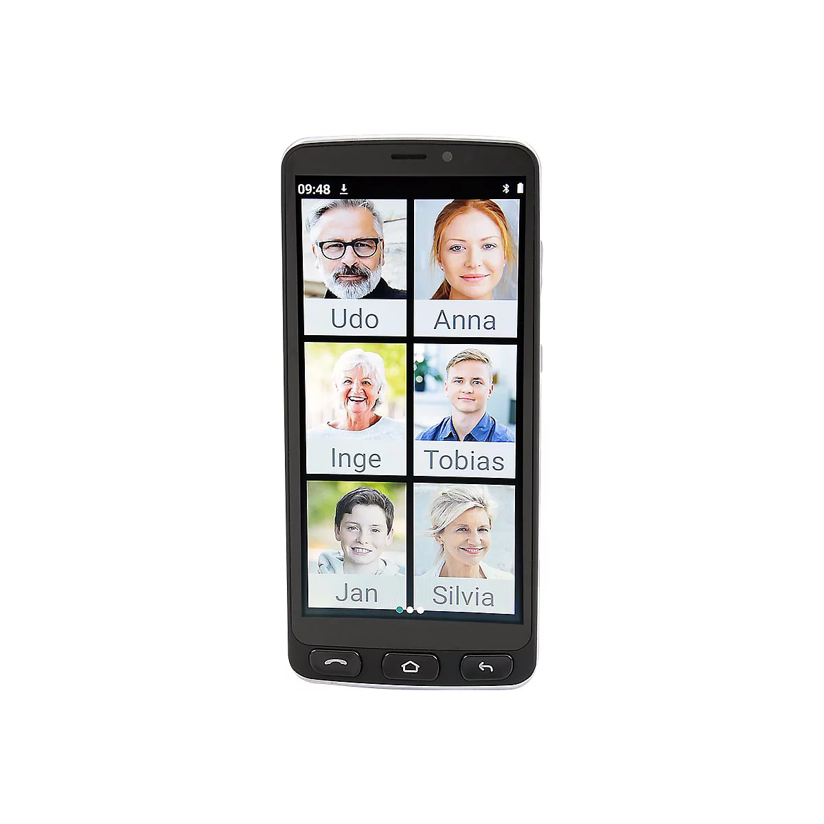 Smartphone mit Videoanruf: Sechs Personen auf dem Bildschirm. Oben steht die Uhrzeit. Namen: Udo, Anna, Inge, Tobias, Jan, Silvia.