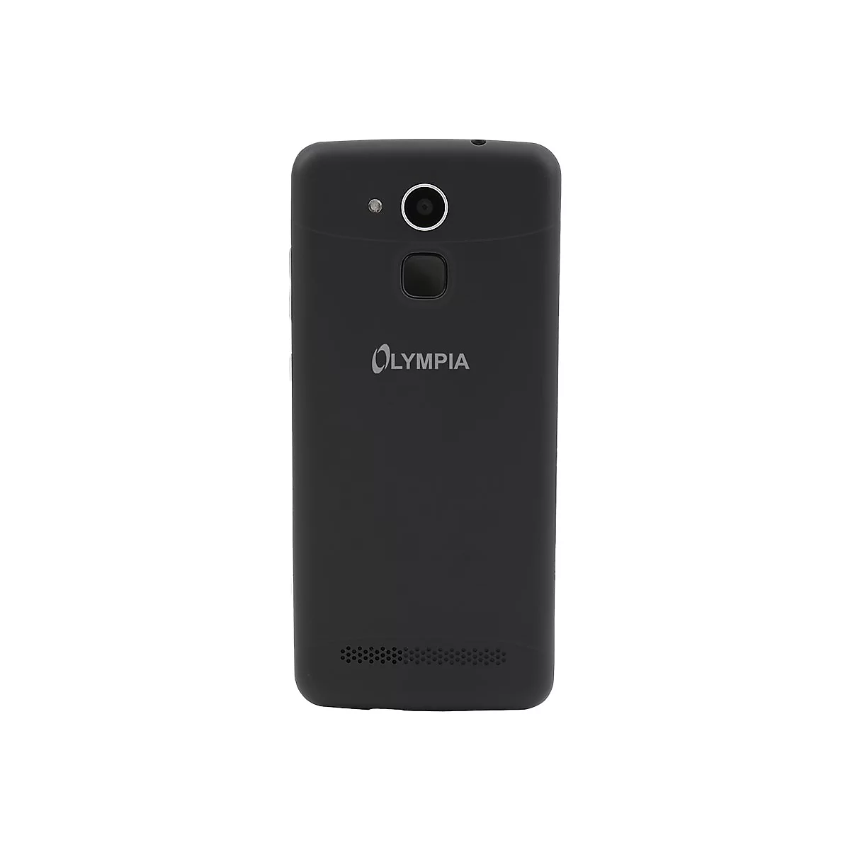 Schwarzes Olympia-Handy. Rückseite mit Kamera, Logo und Lautsprecher.