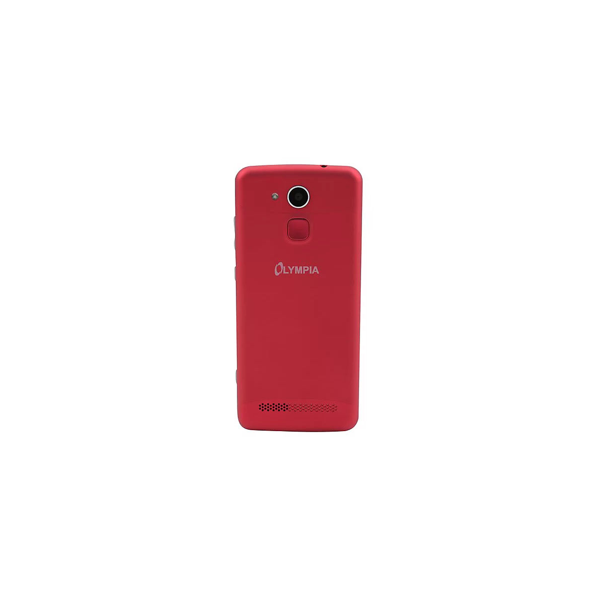 Rotes Smartphone mit Kamera und Schriftzug Olympia. RÃ¼ckseite.
