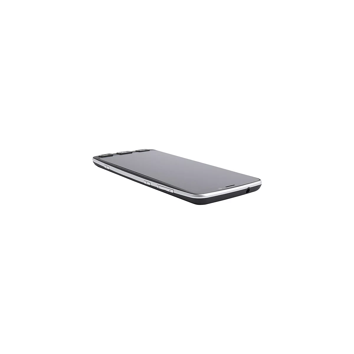 Ein Smartphone in Schwarz-Silber-Optik, leicht angewinkelt, mit sichtbaren KnÃ¶pfen und einem KopfhÃ¶reranschluss.