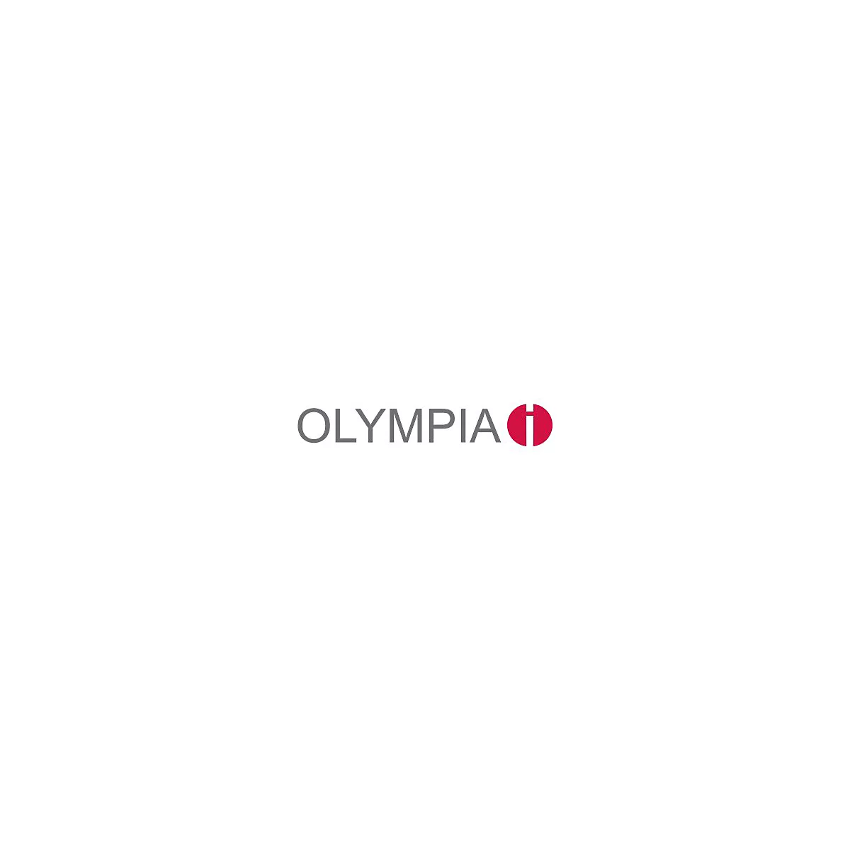 Das graue Logo von Olympia mit einem roten Kreis, der einen vertikalen Balken umschließt.