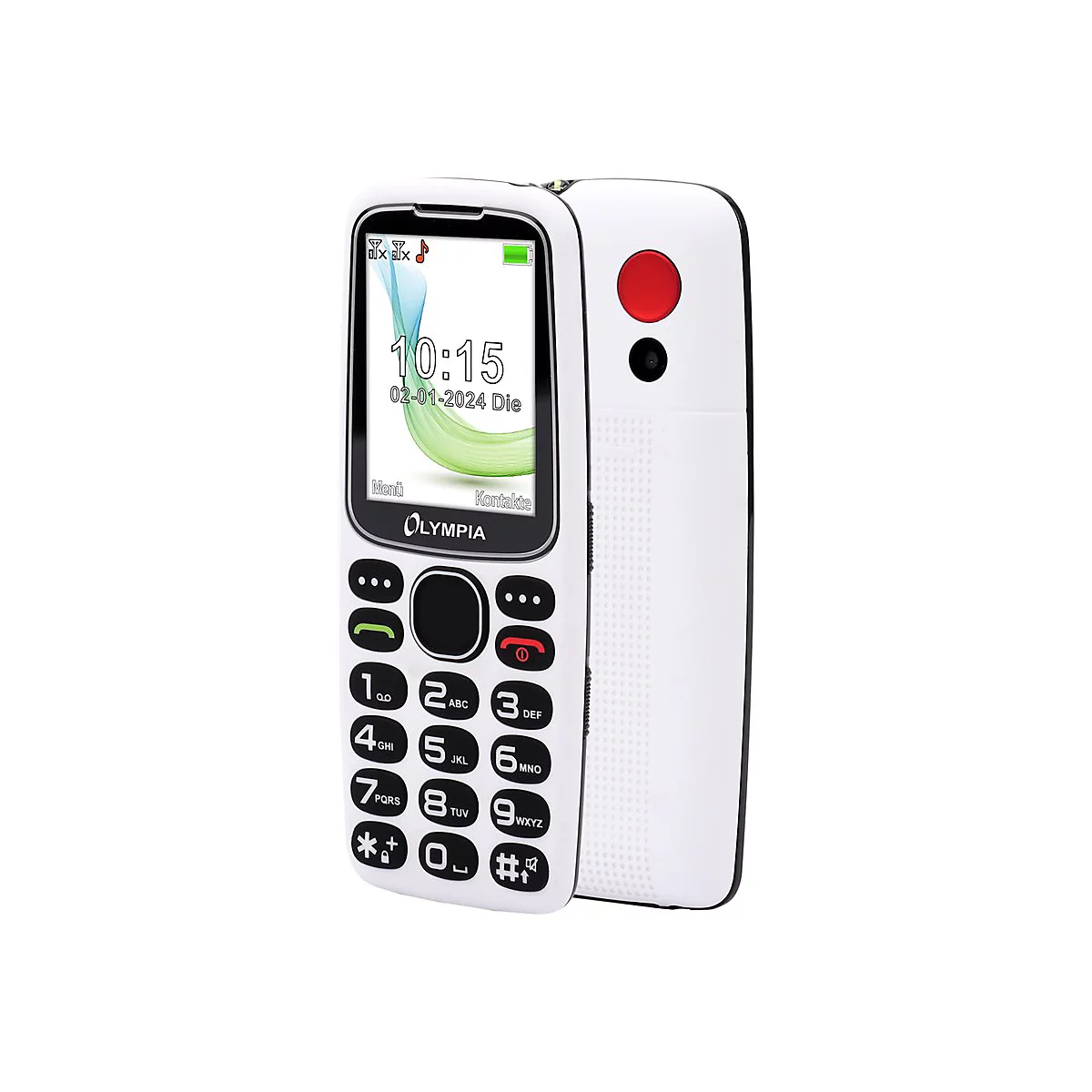 Weißes Olympia-Handy. Uhrzeit 10:15 Uhr, Datum 02.01.2024. Schwarze Tasten, roter Notrufknopf und Kamera auf der Rückseite.