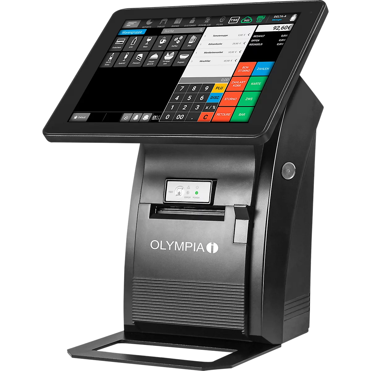 Zwart kassasysteem met touchscreen en bonnenopslag. Menupunten en cijfers op het scherm. "Olympia" staat op de voorkant.