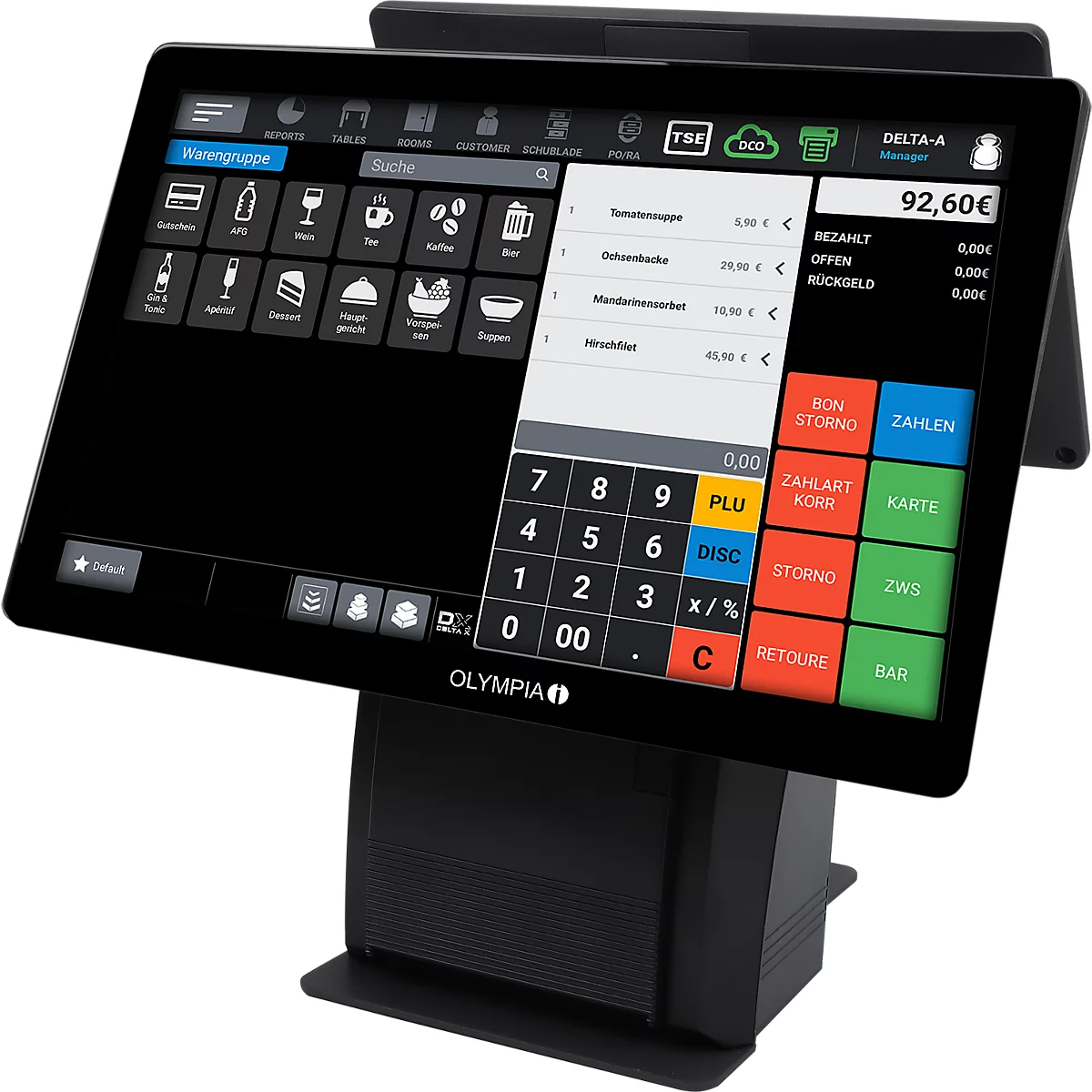 Zwart touchscreen kassasysteem met een menu structuur. De prijs van 92,60€ wordt rechtsboven getoond.