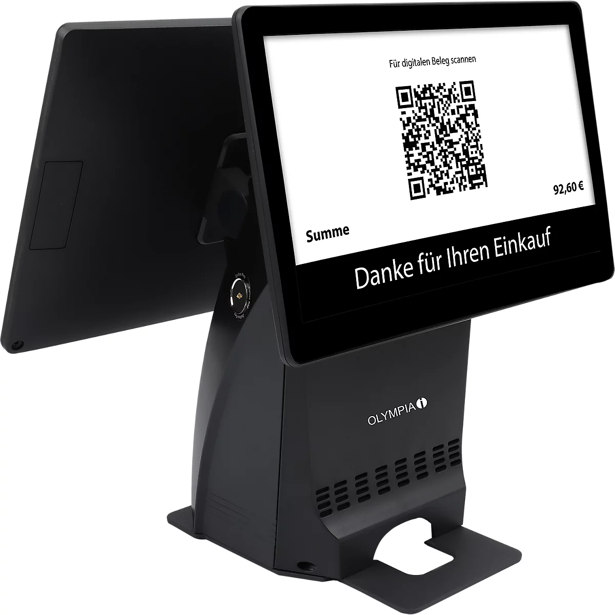Zwart kassasysteem, scherm met QR-code en tekst 'Bedankt voor uw aankoop'.