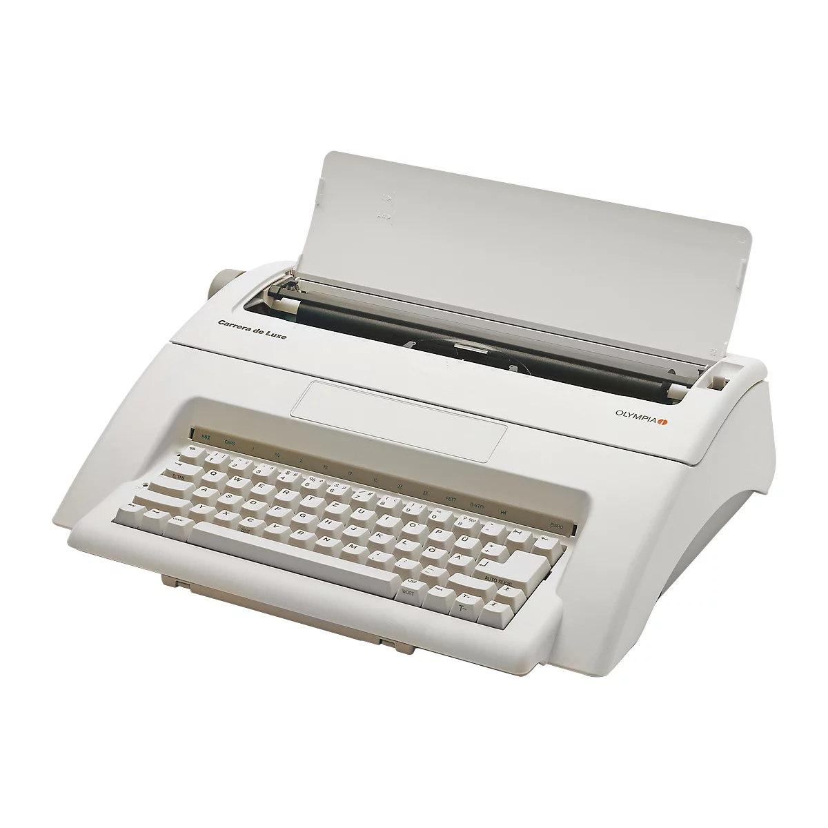 White typewriter with open paper cover and keyboard. Inscription Carrera de Luxe, Olympia.