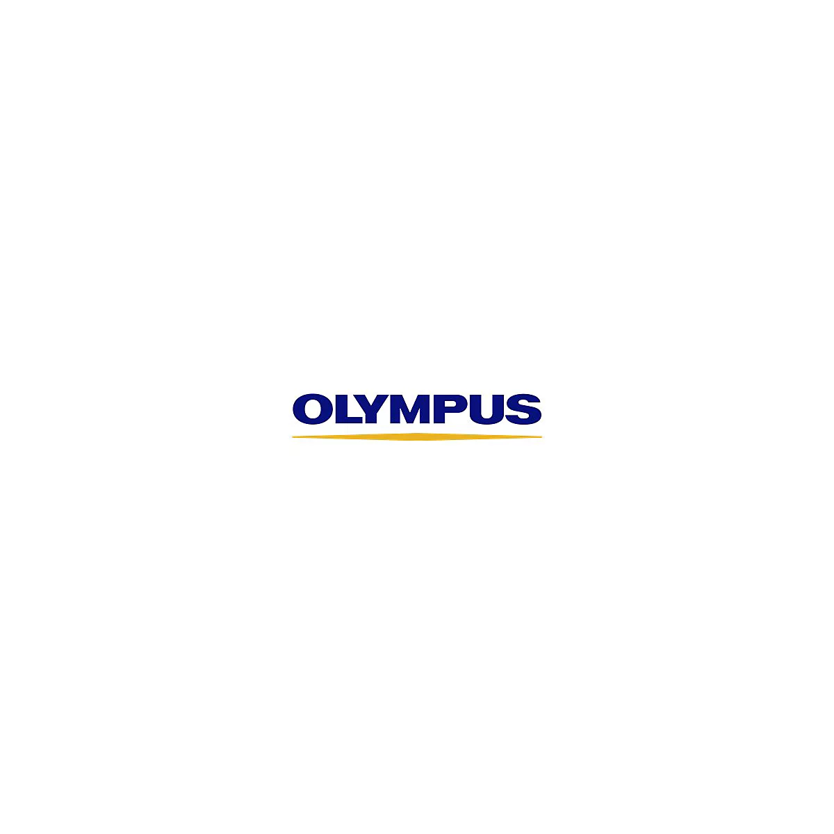 Blaues Olympus-Logo mit einem geschwungenen gelben Unterstrich auf weißem Hintergrund.