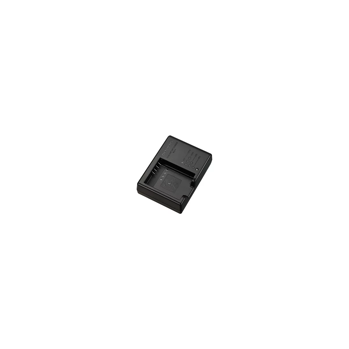 Schwarzes Olympus Batterieladegerät BCH-1 für Lithium-Ionen-Akkus vor weißem Hintergrund.