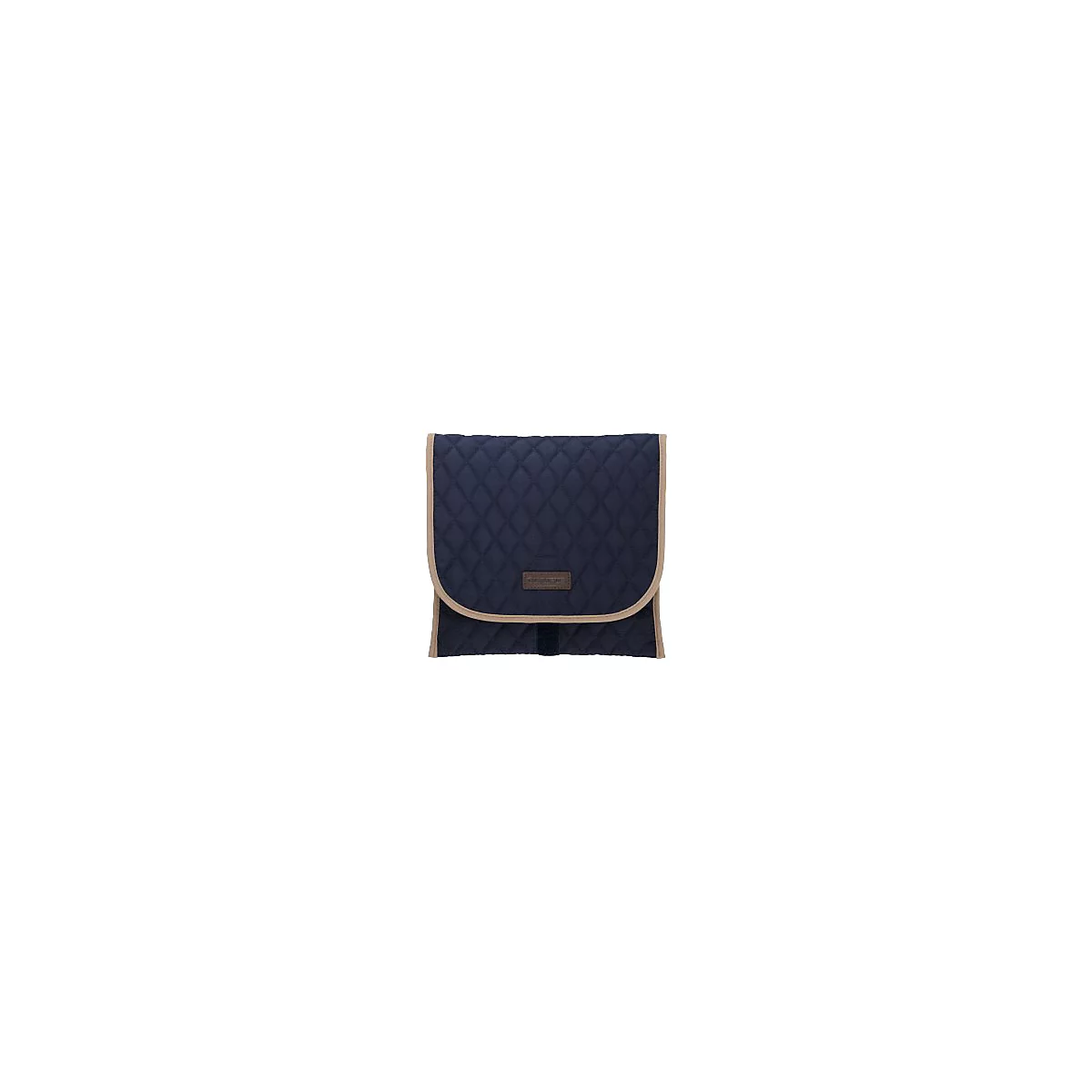 Dunkelblaue, gesteppte Tasche mit beigem Rand und Label.