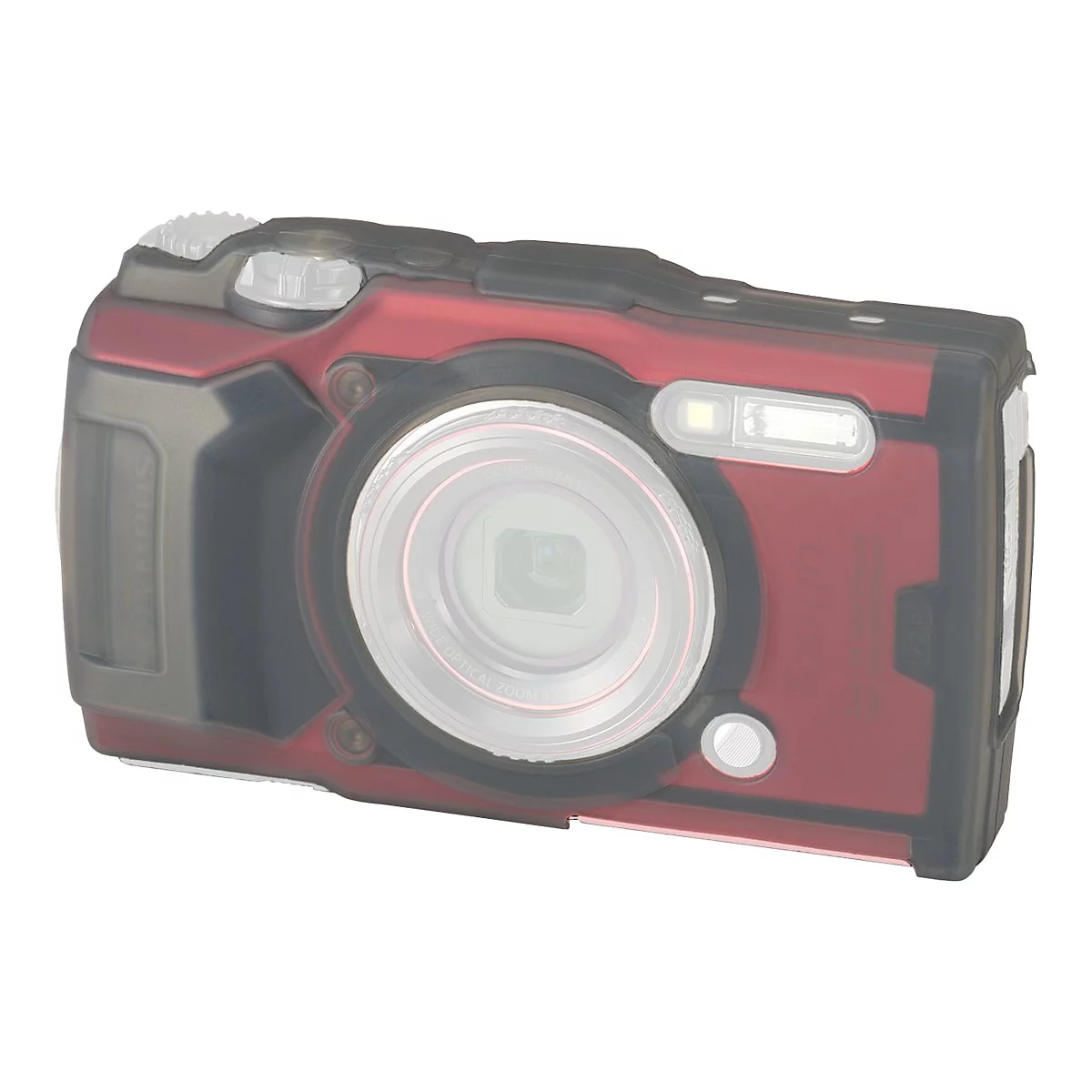 Appareil photo rouge avec étui de protection. L'objectif et le flash sont visibles. Inscription : OLYMPUS.