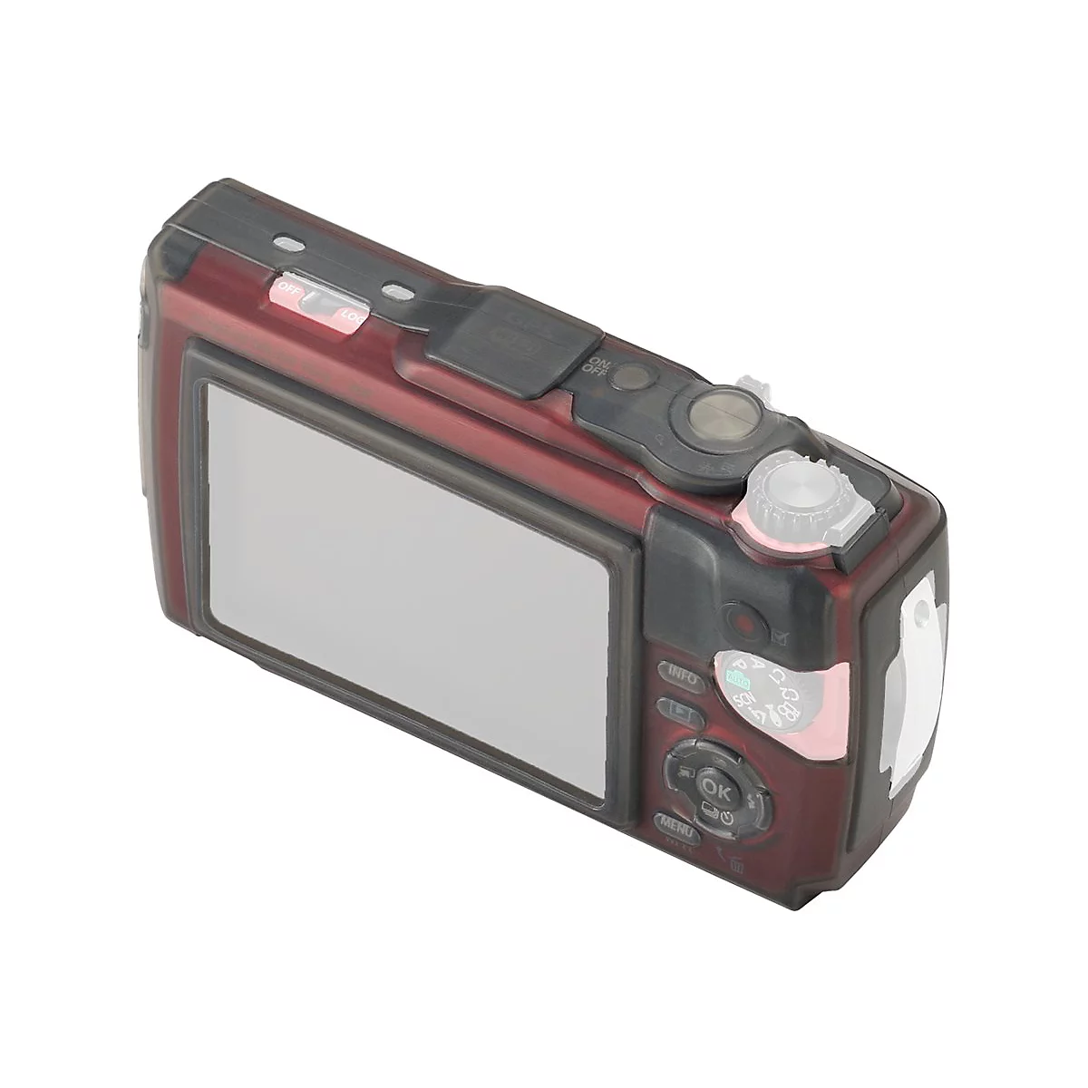 Dunkelrote Digitalkamera. Tasten, Bildschirm, Objektiv, ein silberner Knopf, Beschriftungen: "OFF", "ON", "MENU", "OK", "INFO".