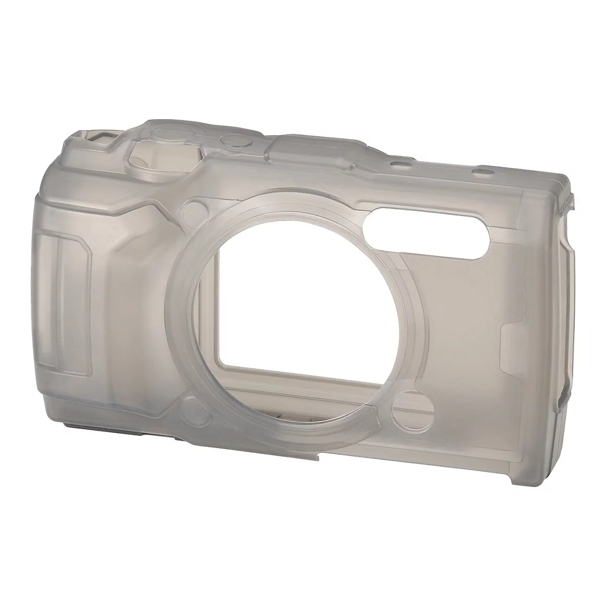 Transparente Kamerahülle, die die Form einer Digitalkamera nachbildet. Schutzhülle aus Kunststoff.