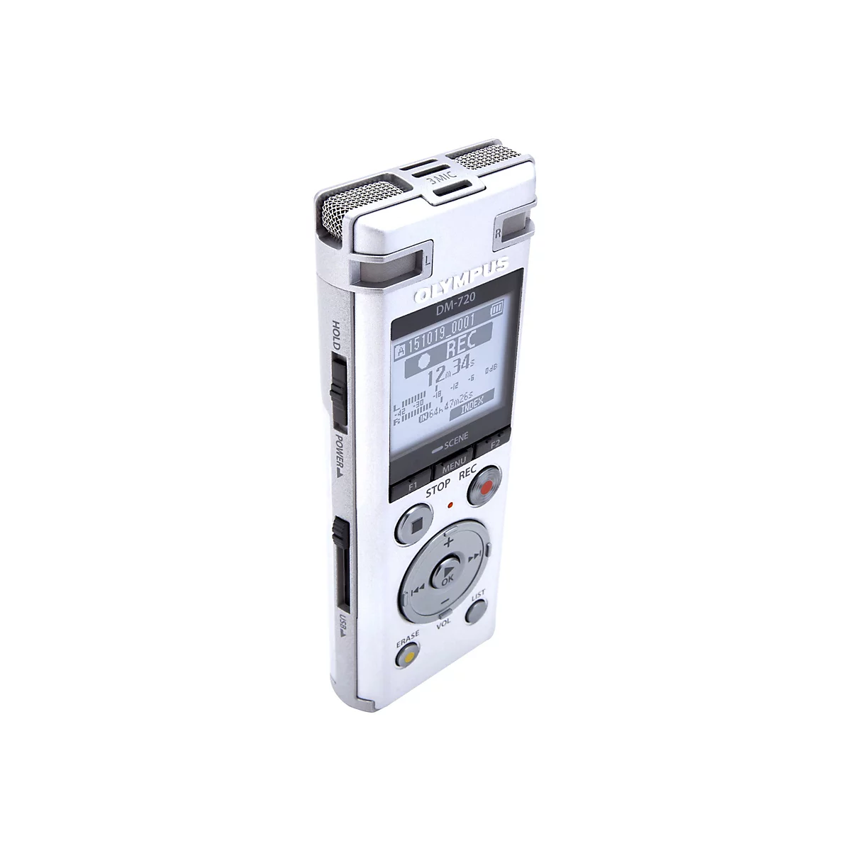 Ein silberner digitaler Audiorecorder Olympus DM-720. Er zeigt die REC-Funktion an. Tasten und Display sind zu sehen.