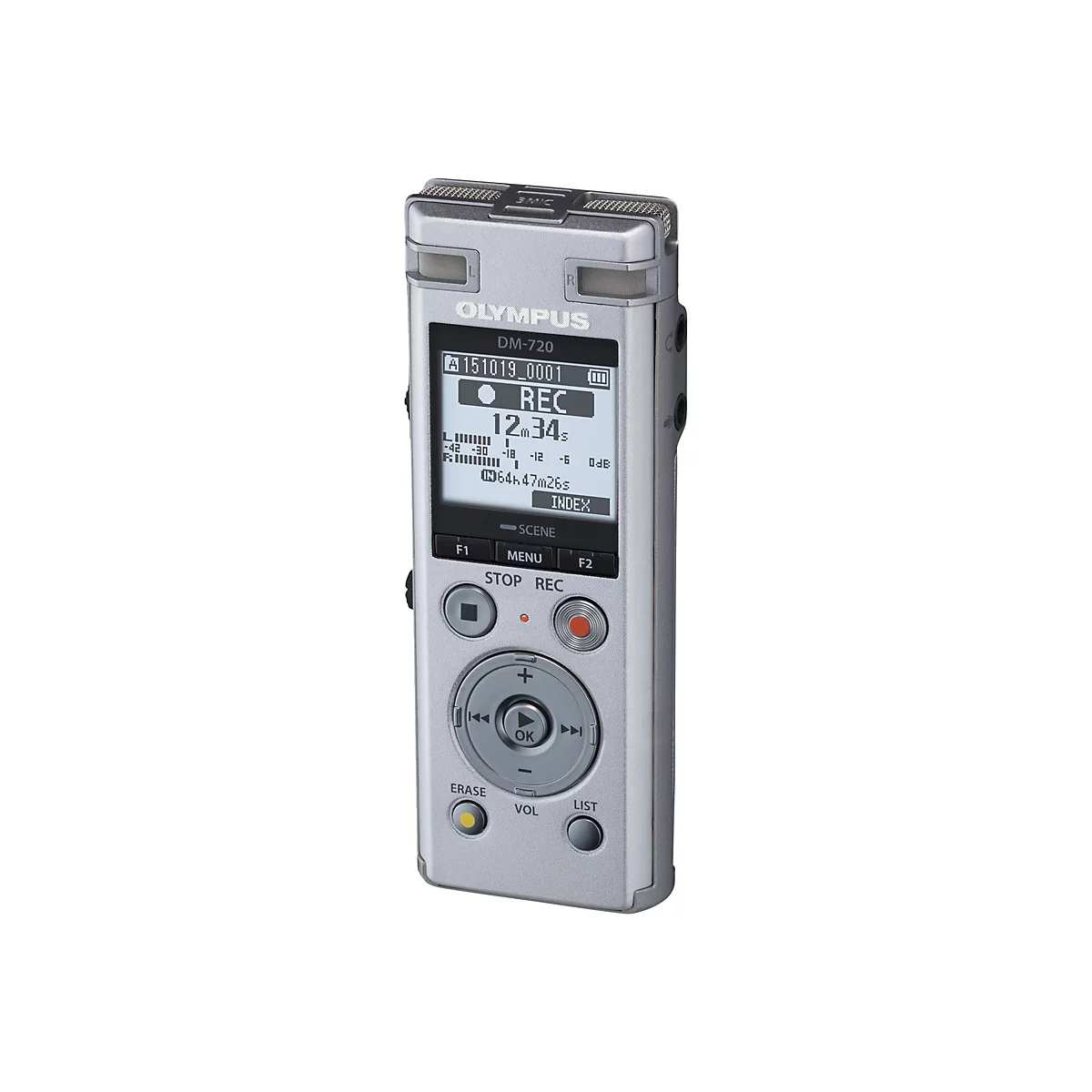 Ein silberner digitaler Audiorecorder Olympus DM-720. Das Display zeigt eine laufende Aufnahme. Tasten für Funktionen und Navigation.
