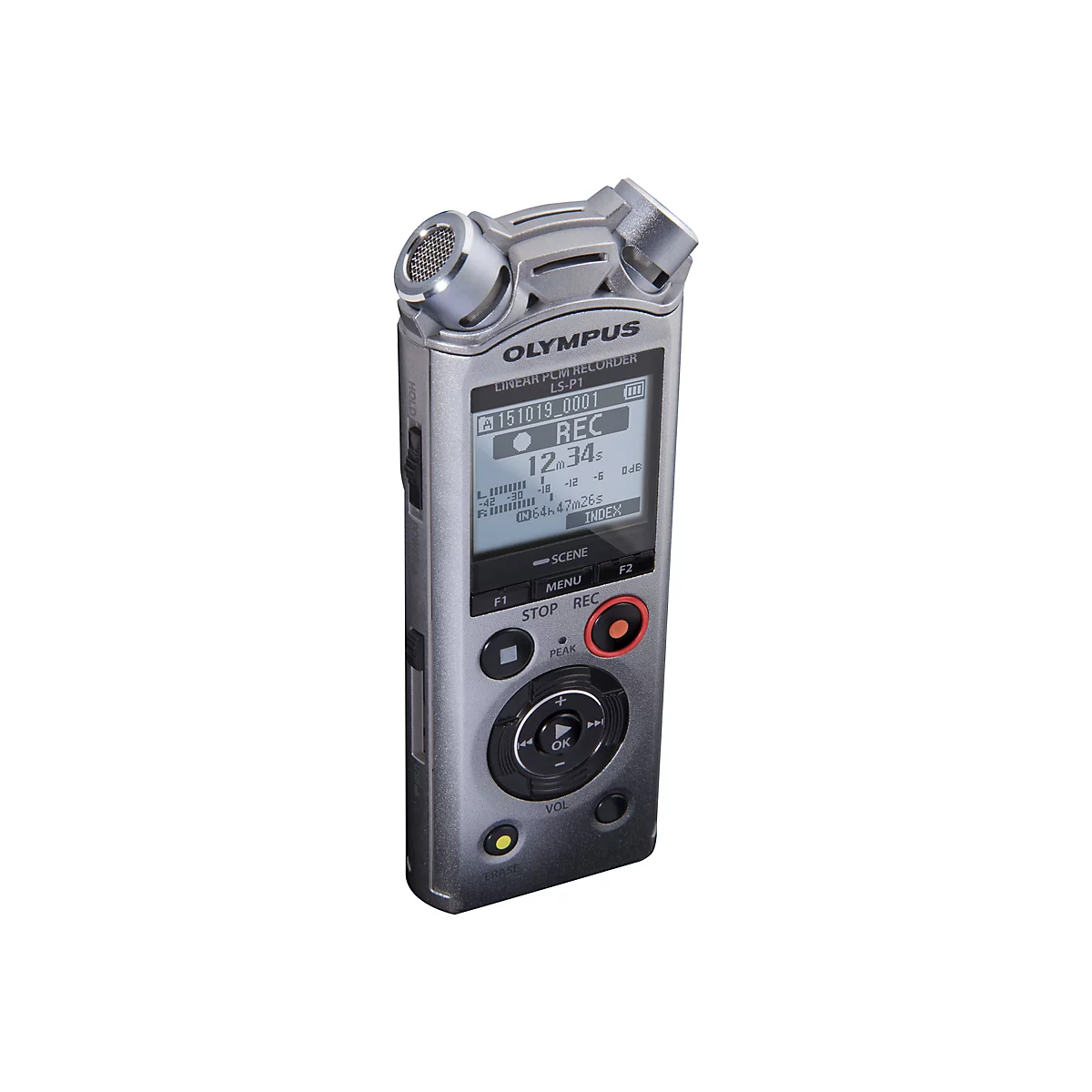 Enregistreur audio numérique argenté Olympus LS-P1. Deux microphones en haut, écran affichant l'heure d'enregistrement et les paramètres, boutons de commande.