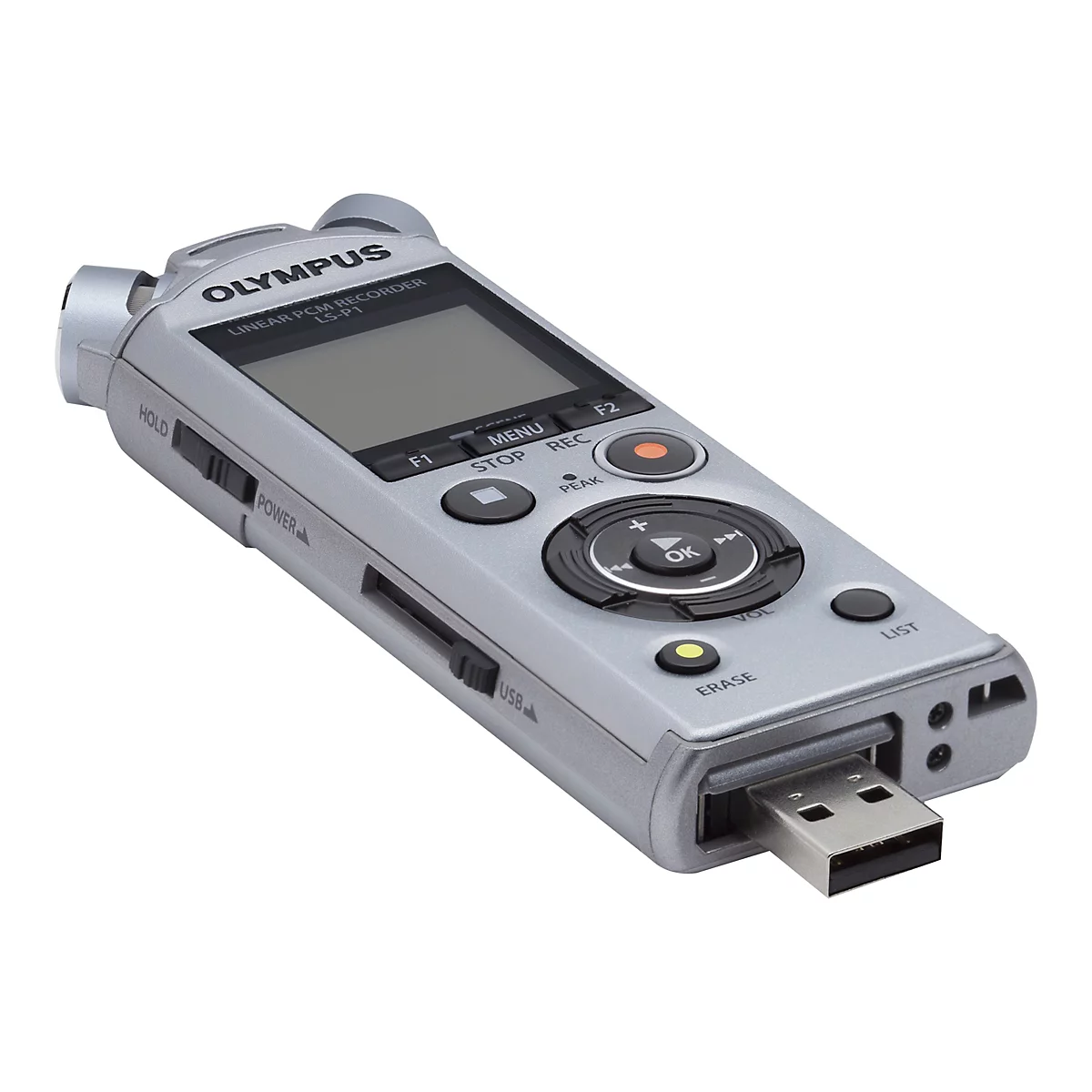 Silberner Olympus LS-P1 digitaler Audiorecorder. Sichtbar sind Tasten, Display und USB-Anschluss.