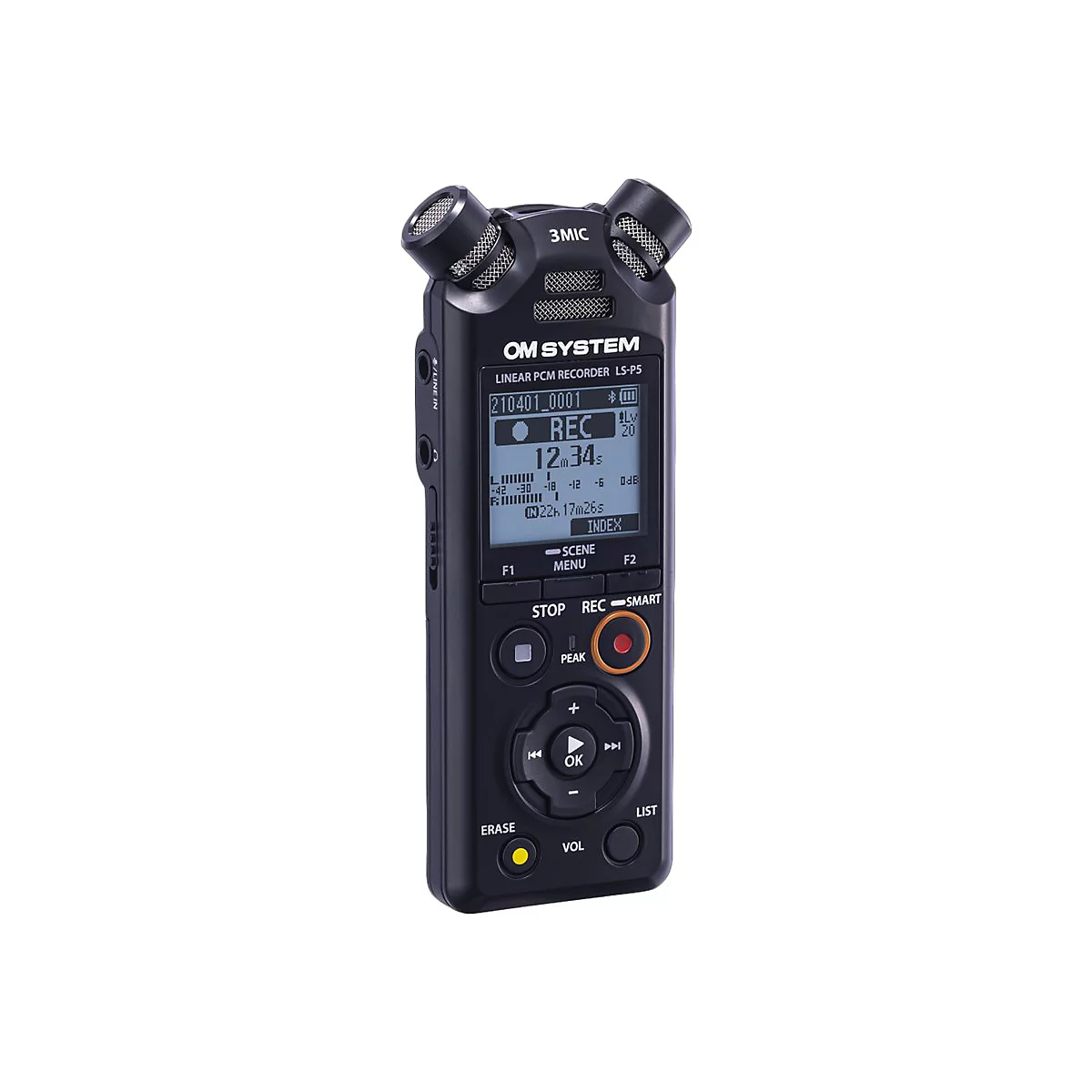 Schwarzes OM SYSTEM LS-P5 Aufnahmegerät mit drei Mikrofonen und Display.
