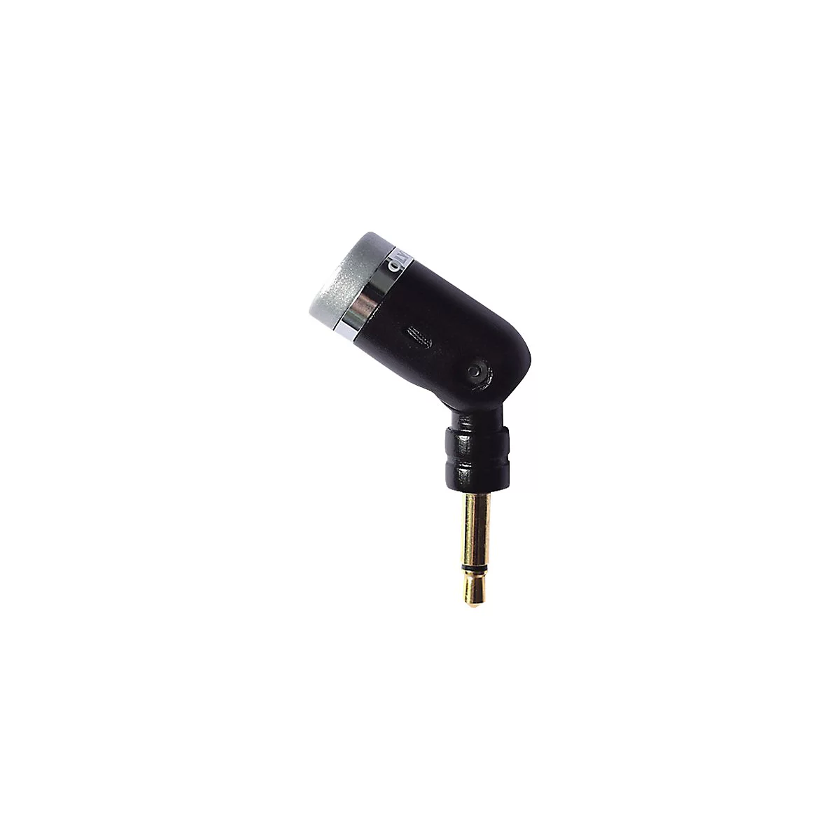 Schwarzes Mikrofon mit goldfarbenem Stecker, geneigt auf weißem Hintergrund.