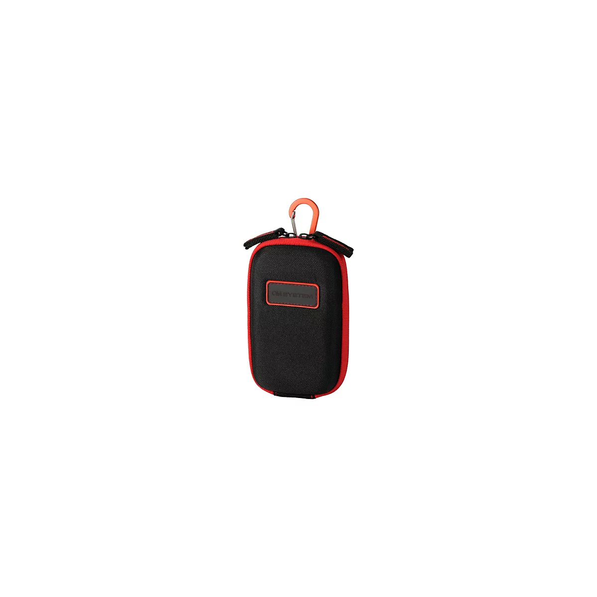 Schwarze Schutzhülle mit rotem Reißverschluss und orangefarbenem Karabiner, OM System Logo vorne.