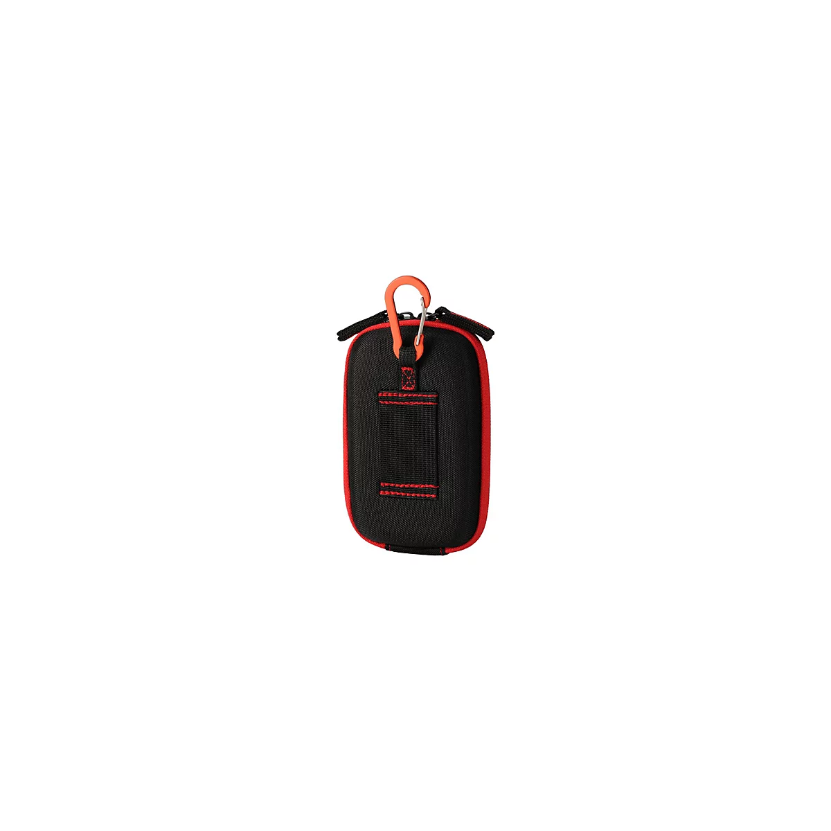 Schwarze, rechteckige Tasche mit roten Kanten, einer Gürtelschlaufe und einem orangefarbenen Karabinerhaken.