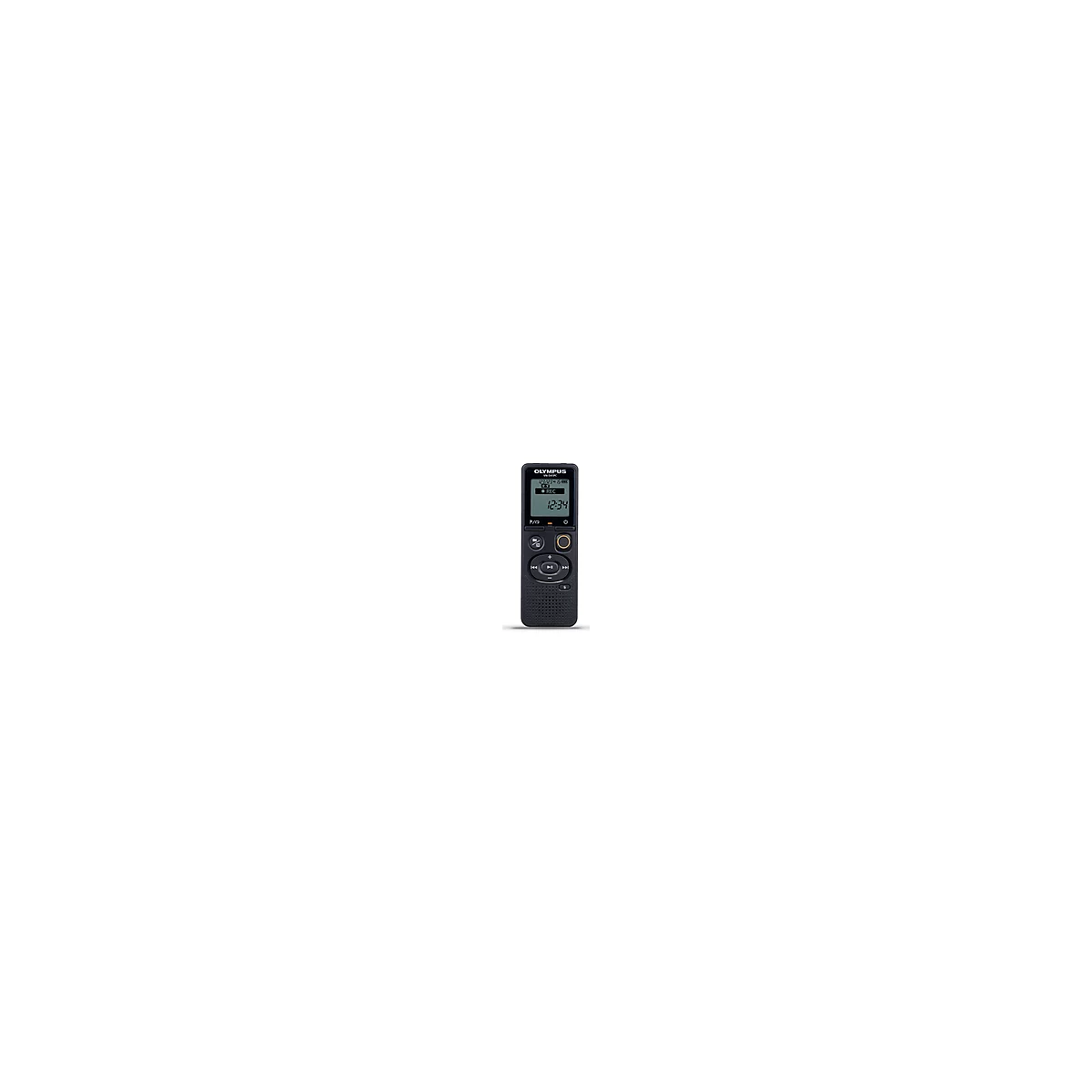 Schwarzes Olympus-Diktiergerät mit Display. Auf dem Display ist die Uhrzeit 12:34 zu sehen. Buttons vorhanden.