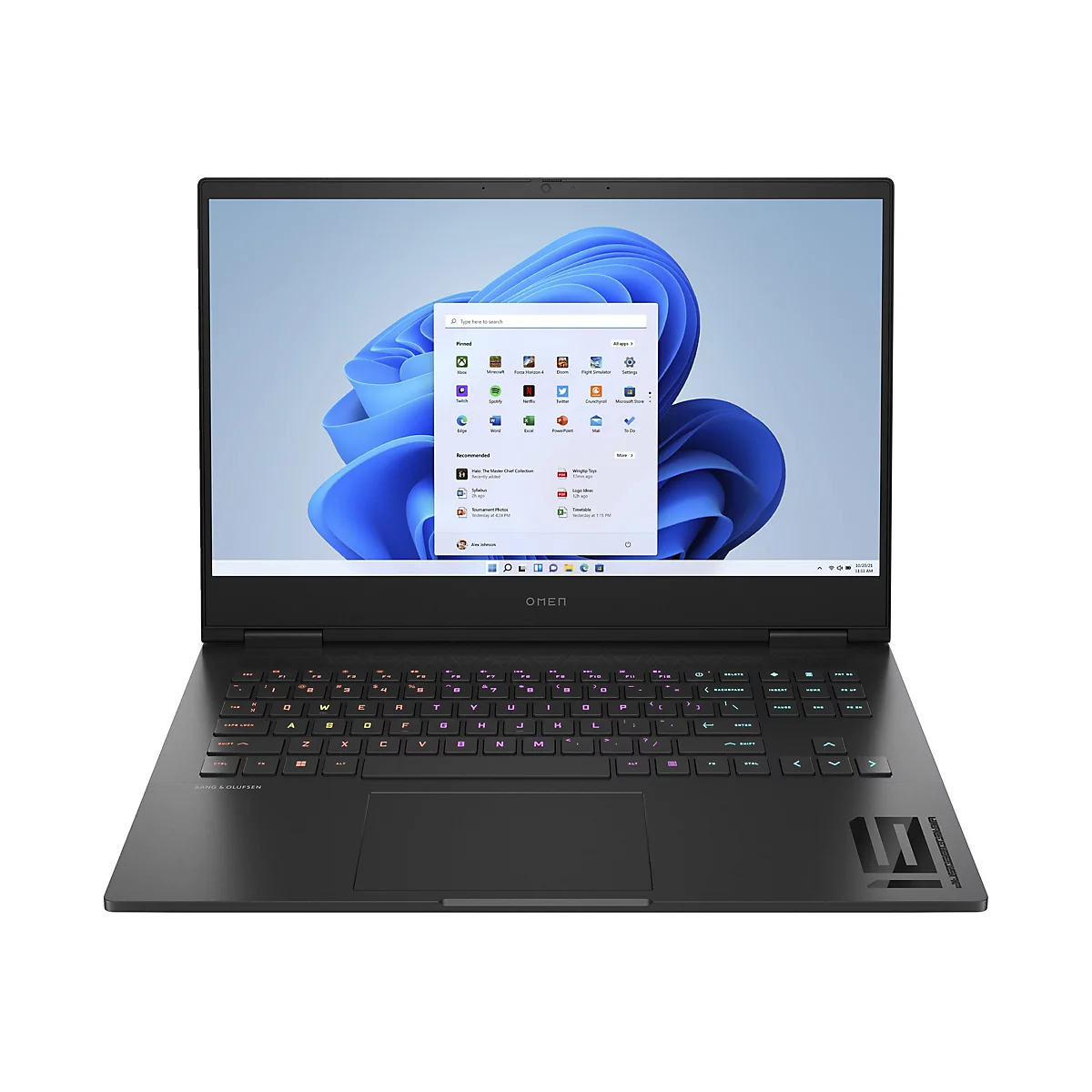 Ein schwarzes Omen-Laptop, das geöffnet ist, mit einem Windows 11-Desktop-Bildschirm, der geöffnet ist. Auf der Tastatur sind farbige Lichter zu sehen.