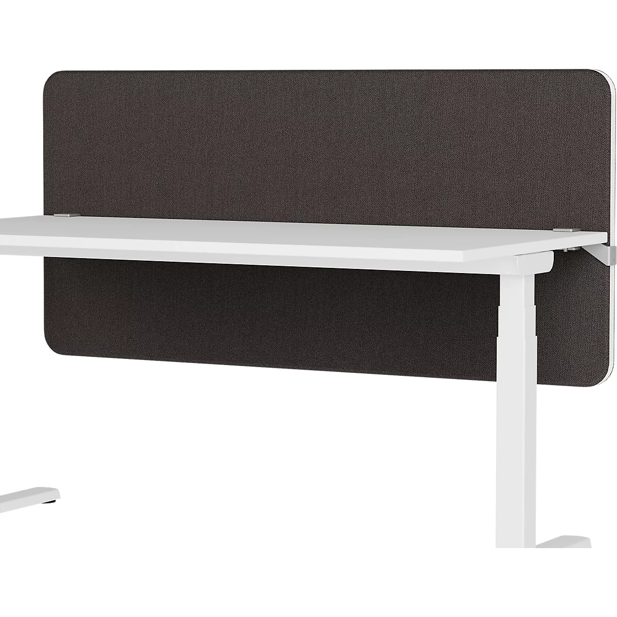 Schreibtisch mit grauer Stoff-Wand und weißem Gestell.