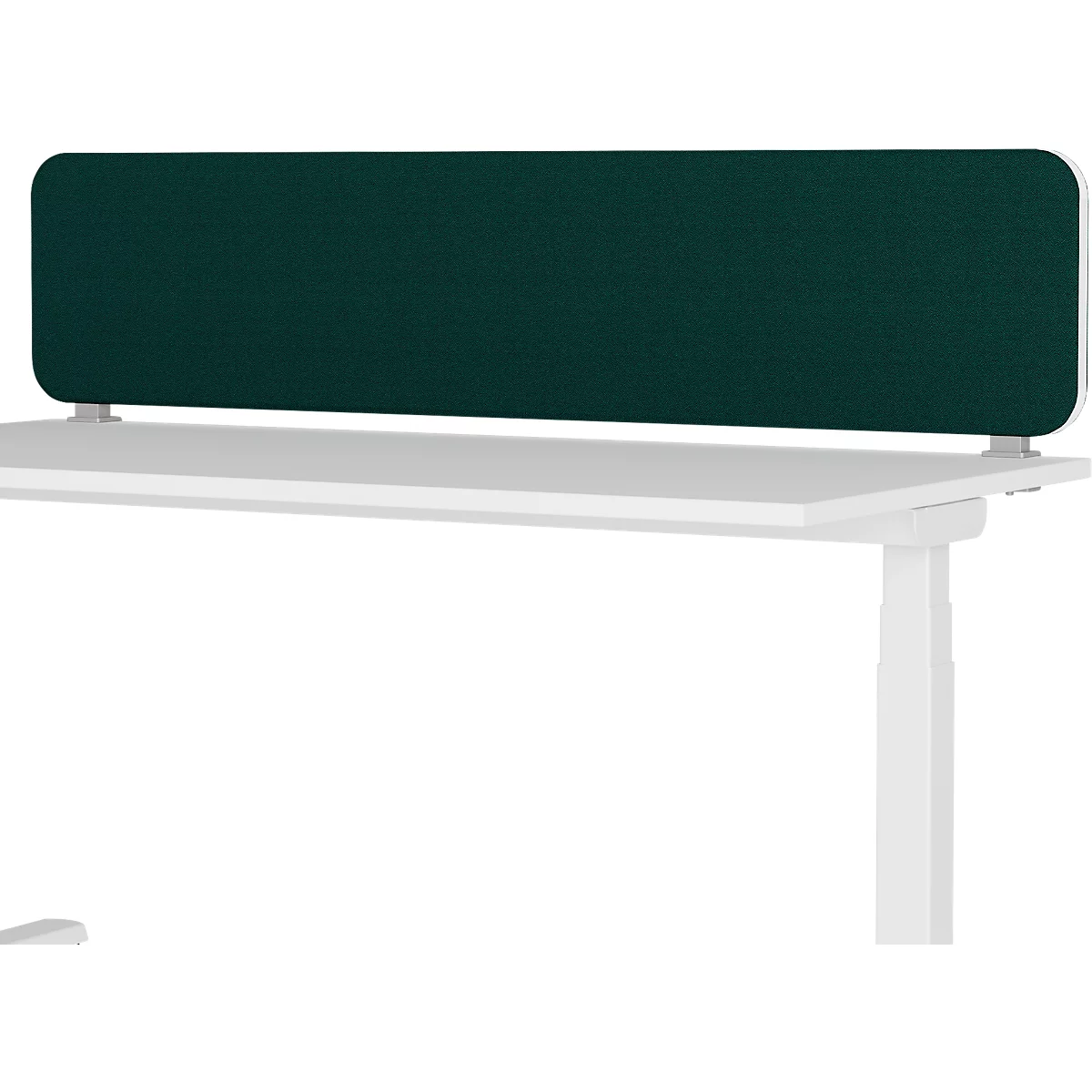 Grünes, rechteckiges Trennelement auf einem weißen Tisch. Der Tisch hat eine helle, rechteckige Tischplatte und ein weißes Gestell.