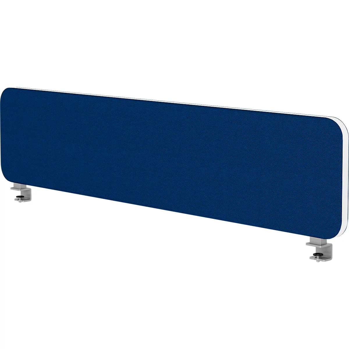 Blaues, rechteckiges Schreibtisch-Sichtschutz mit abgerundeten Ecken und Halterungen.