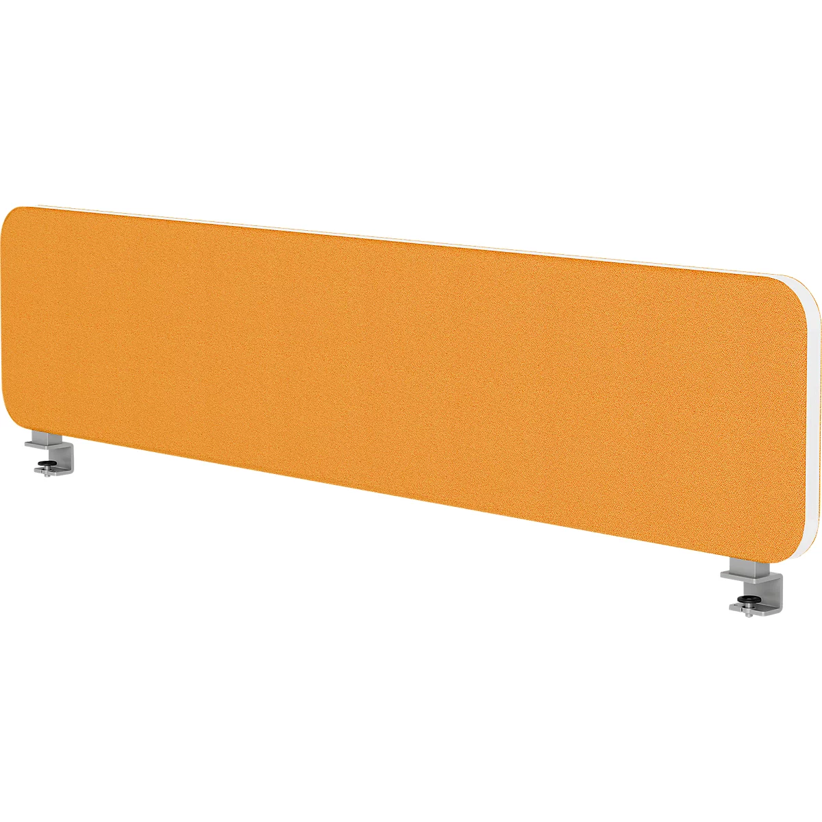 Orangefarbenes Schreibtisch-Sichtschutzpaneel mit weißen, abgerundeten Enden und silbernen Klammern.