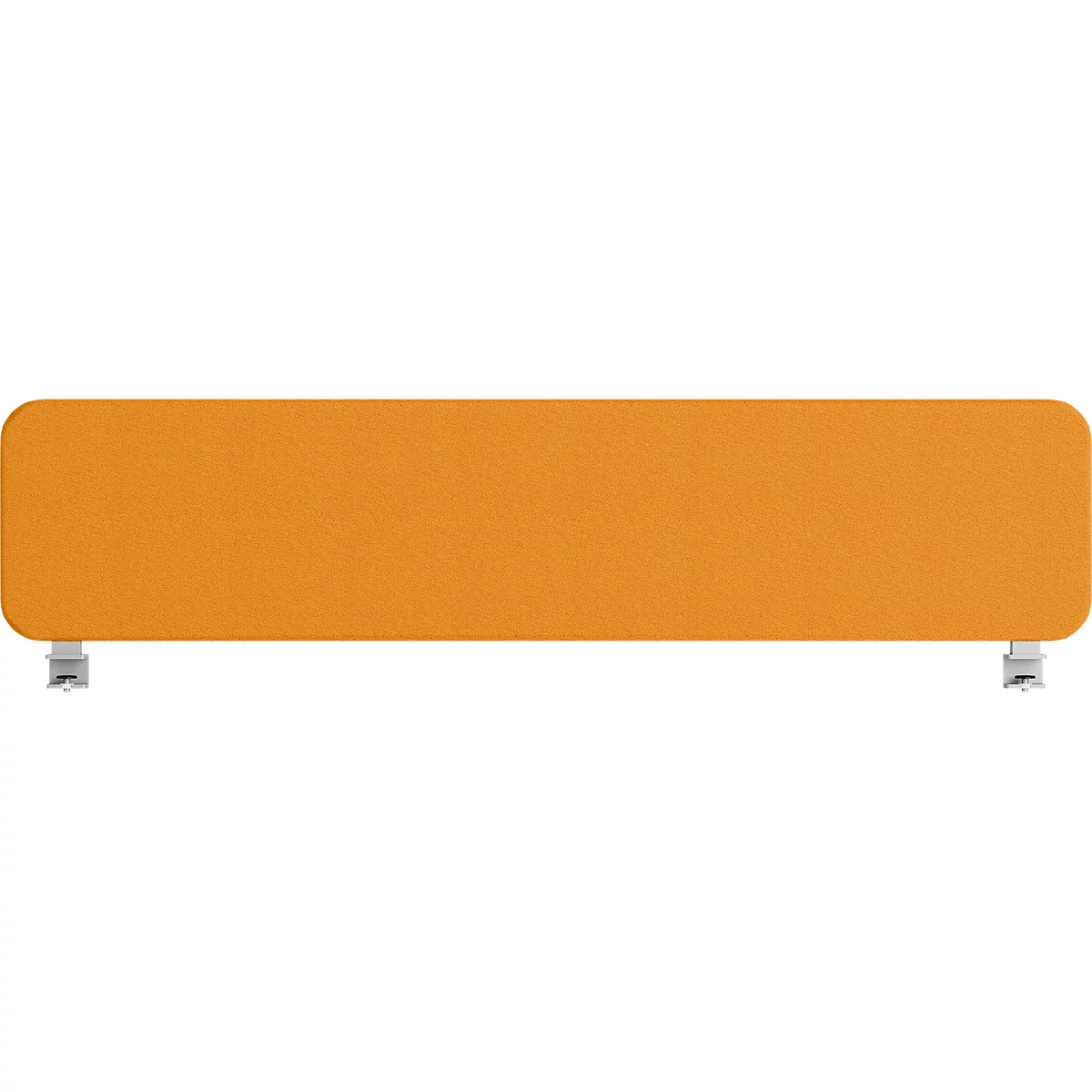 Rechteckiges, orangefarbenes Element mit abgerundeten Ecken. An den unteren Ecken zwei silberne Füße.