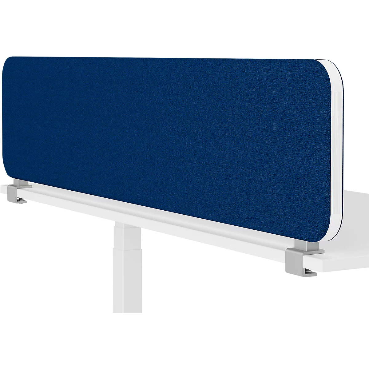 Blaue Schreibtisch-Trennwand an weißem Tisch befestigt, mit weißen Halterungen.