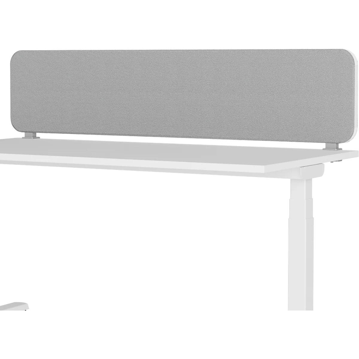 Graues, rechteckiges Schreibtisch-Paneel aus Stoff, befestigt an einem weißen Schreibtisch.