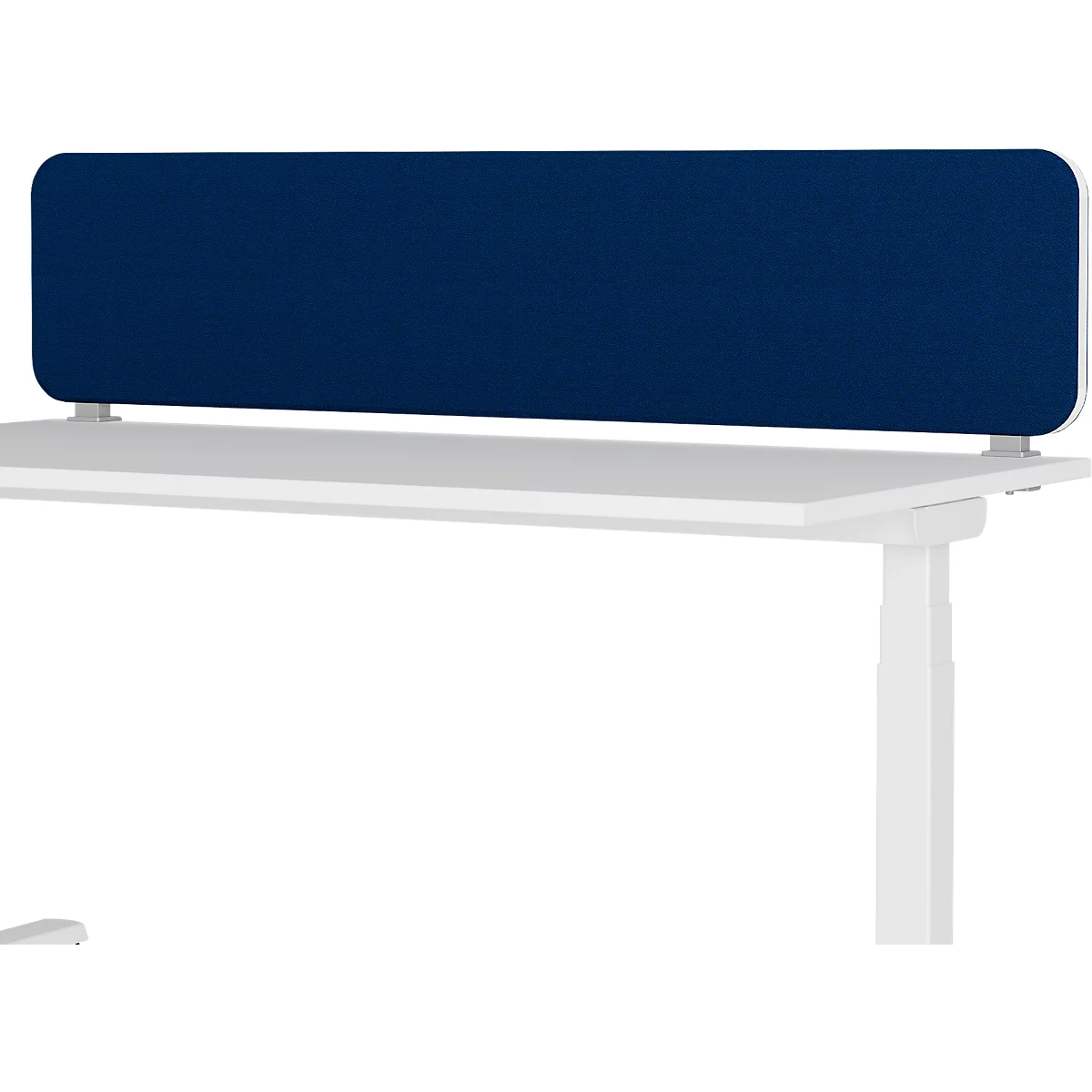 Blauer Sichtschutz auf weißem Tisch, minimalistisch.