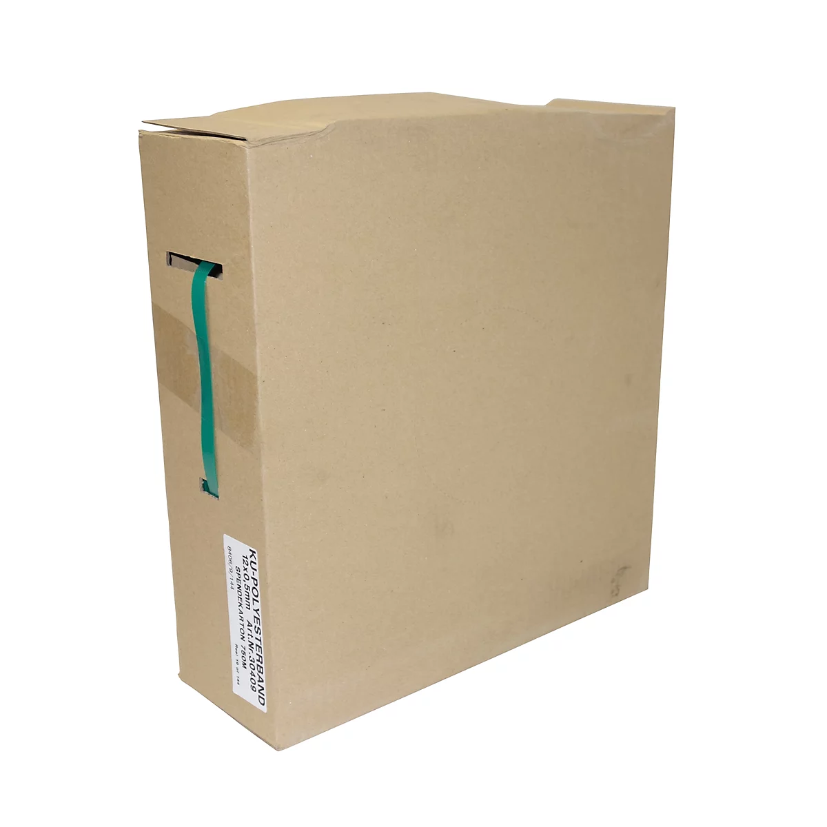 Een rechthoekige doos van bruin karton. Een groene tapehandgreep is zichtbaar. Een etiket met tekst staat op de zijkant.
