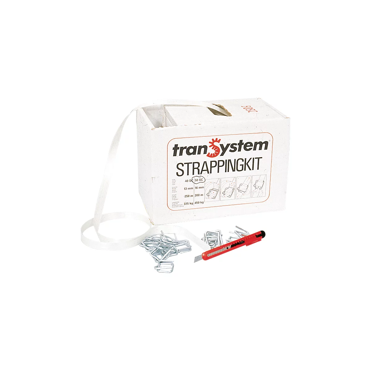 Omsnoeringssysteem tranSystem STRAPPINGKIT, polyesterband, en 100 klemmen