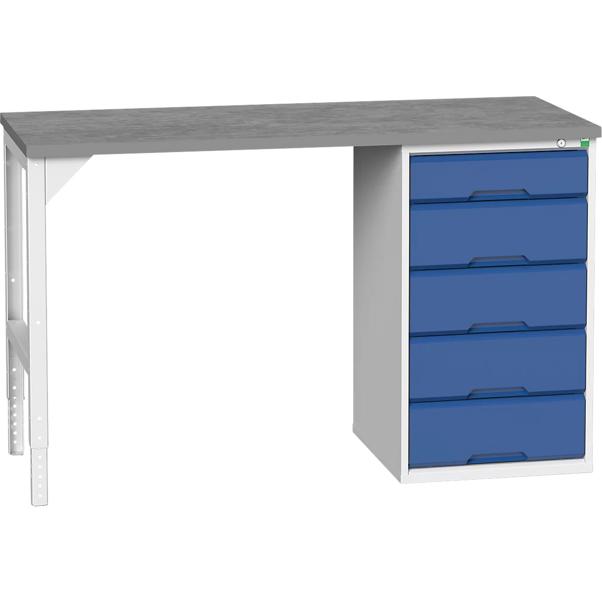 Onderbank Bott verso, linoleumblad, 5 laden, B 1500 x D 600 x H 930 mm, lichtgrijs / gentiaanblauw