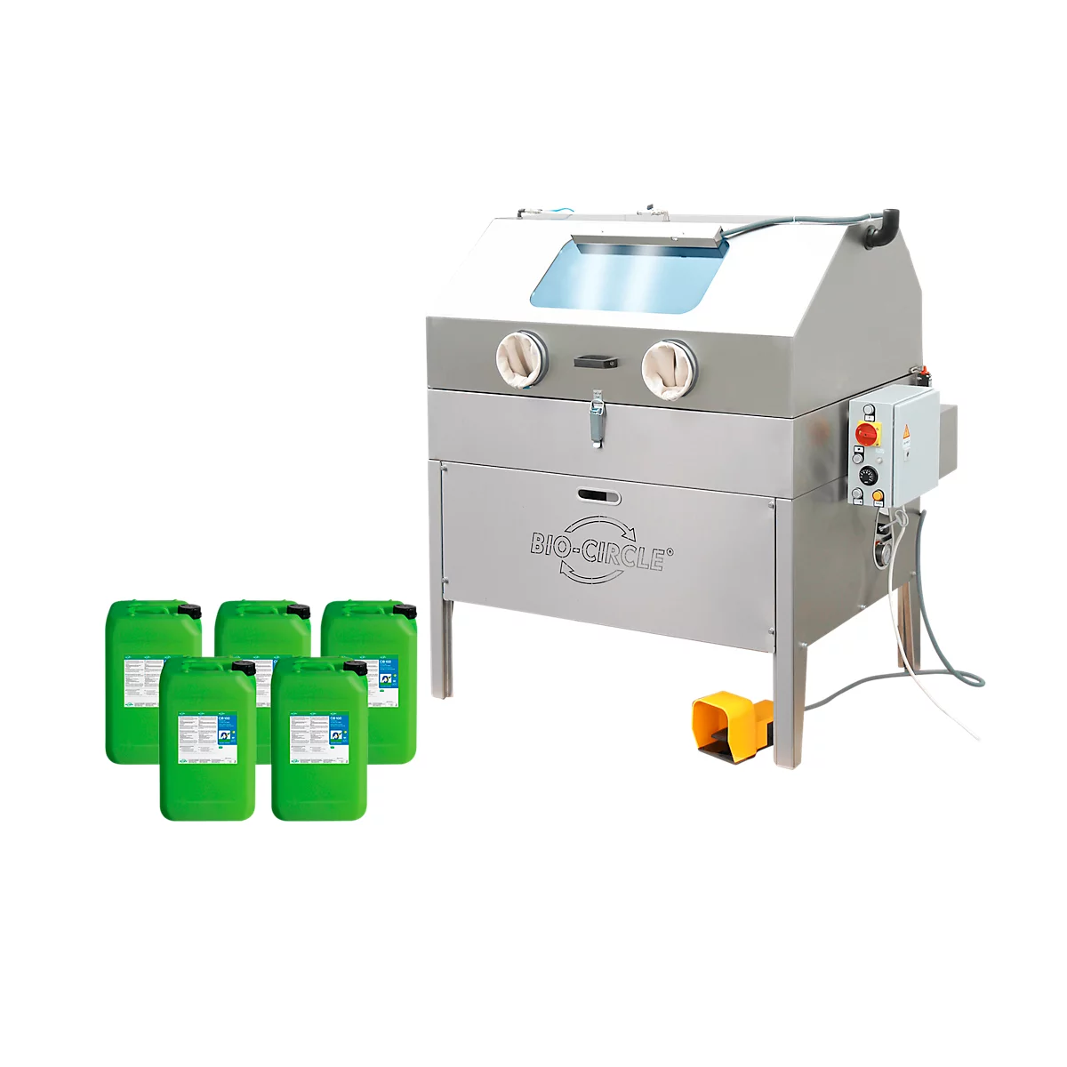 Onderdelenwasmachine BIO-CIRCLE® HP Vigo, tot 80 bar, tot 155 liter, tot 45 °C, tot 150 kg, met persluchtpistool + industriële reiniger CB 100, 5 jerrycans van elk 20 l