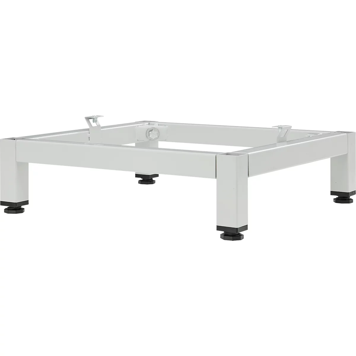 Lichtgrijs metalen frame met vier poten en zwarte voeten. Aan de bovenkant is een beugel bevestigd.