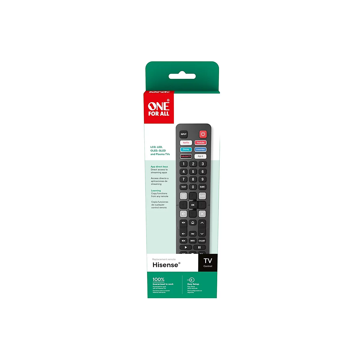 One For All Fernbedienung für Hisense TVs in grüner und weißer Produktverpackung.