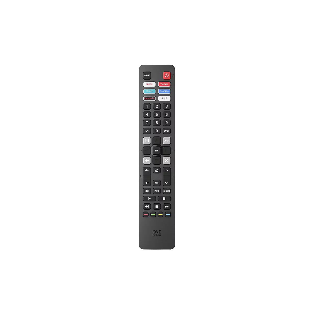 Schwarze One For All Fernbedienung vor weißem Hintergrund mit Tasten für Streaming-Dienste und Zahlen.