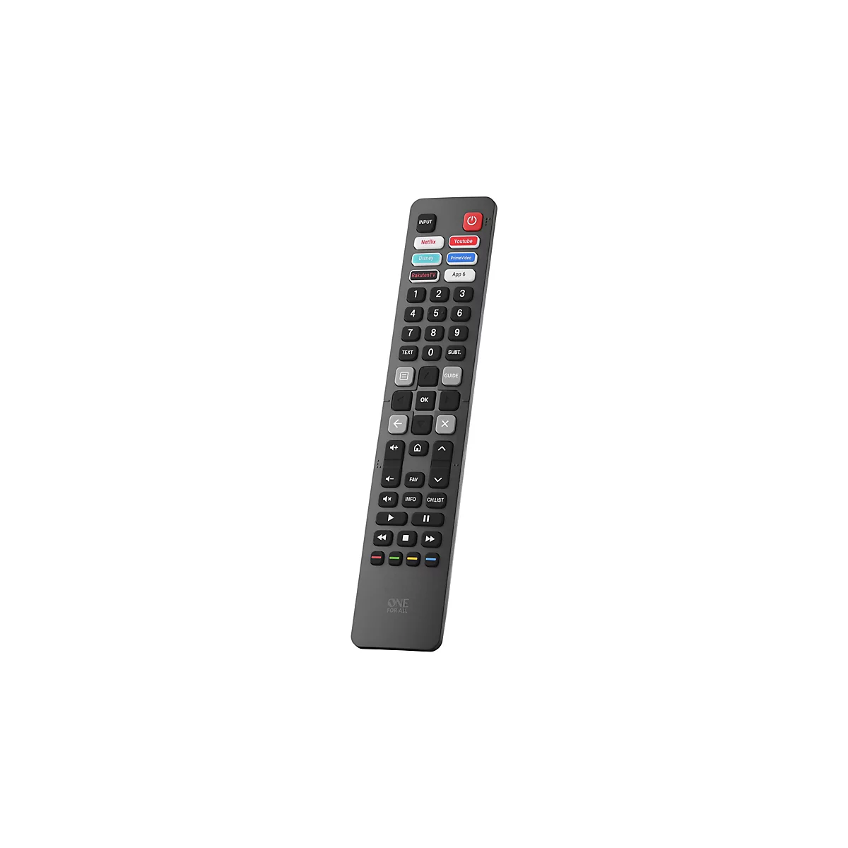 Schwarze One For All TV-Fernbedienung mit Tasten für Streaming-Dienste wie Netflix und YouTube vor weißem Hintergrund.