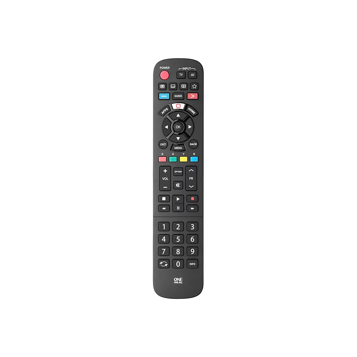 Schwarze One For All TV-Fernbedienung mit zahlreichen Tasten, zentralem Navigationskreuz und Ziffernblock.